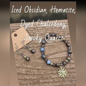 Gold Sun Charm Dyed Chalcedony Beaded Bracelet & Earring Set